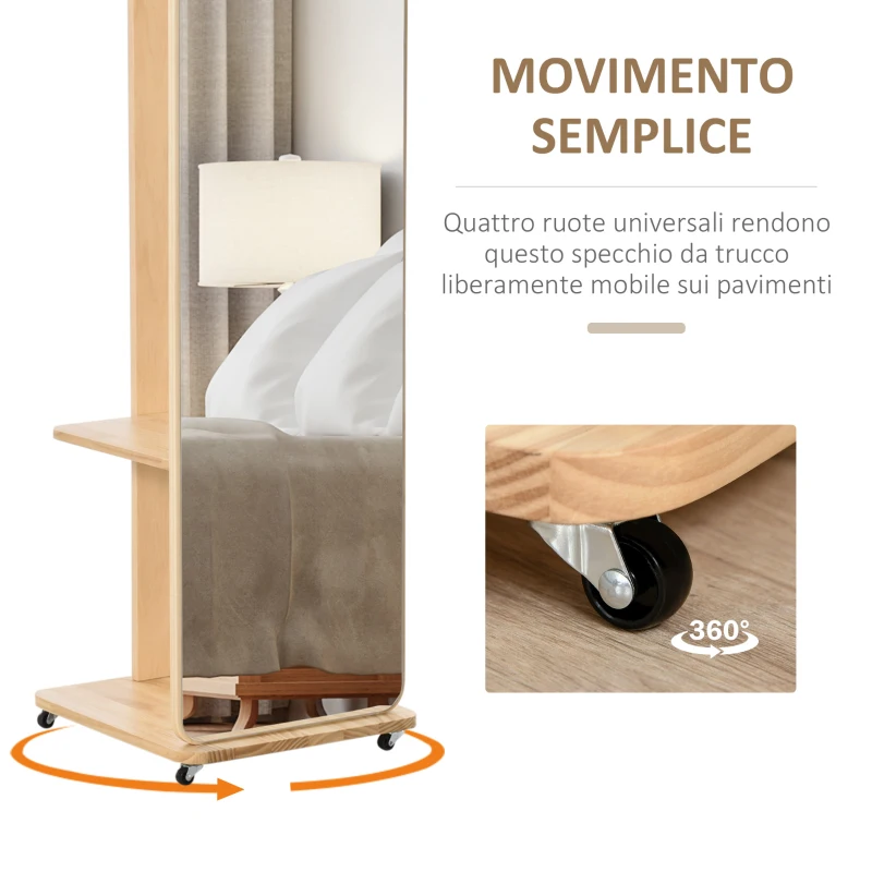 HOMCOM Specchio A Terra Con Ruote - Appendiabiti, 4 Ganci Ripiano MDF Effetto Legno Chiaro