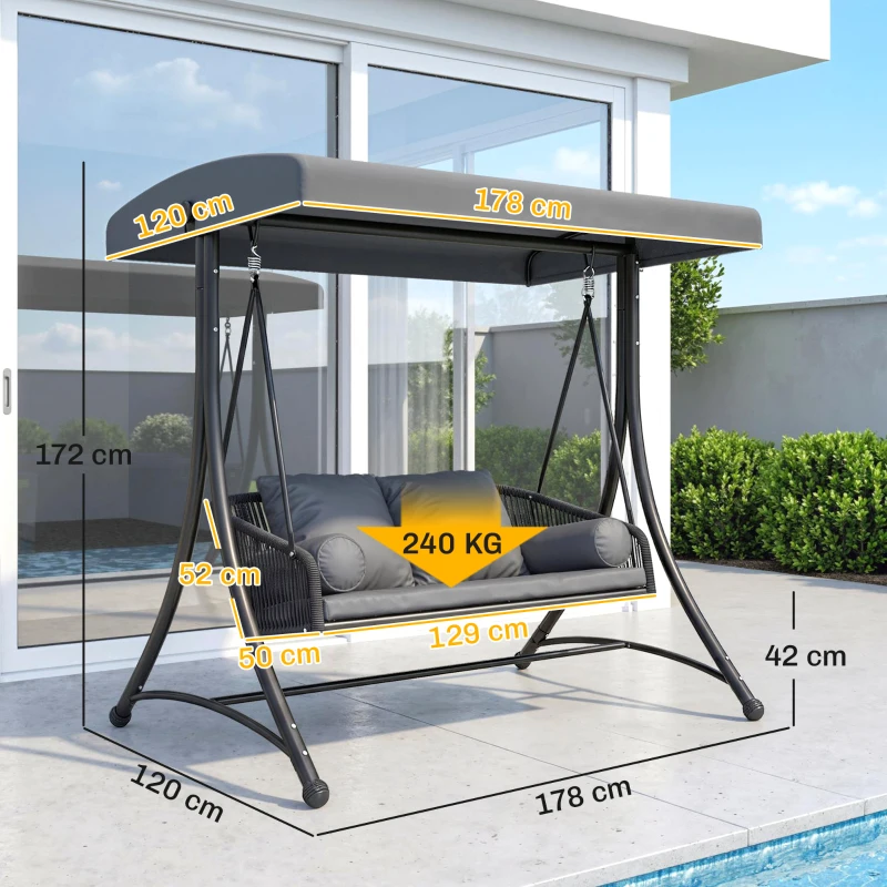 Outsunny Dondolo Stile Hollywood in Rattan 2 Posti con Tetto Parasole Regolabile, Cuscino Morbido, Struttura a Telaio, Grigio Scuro