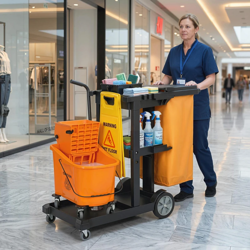 HOMCOM Carrello Pulizie: Ruote, 3 Ripiani, Sacco 70L, Secchio con Strizzatore.