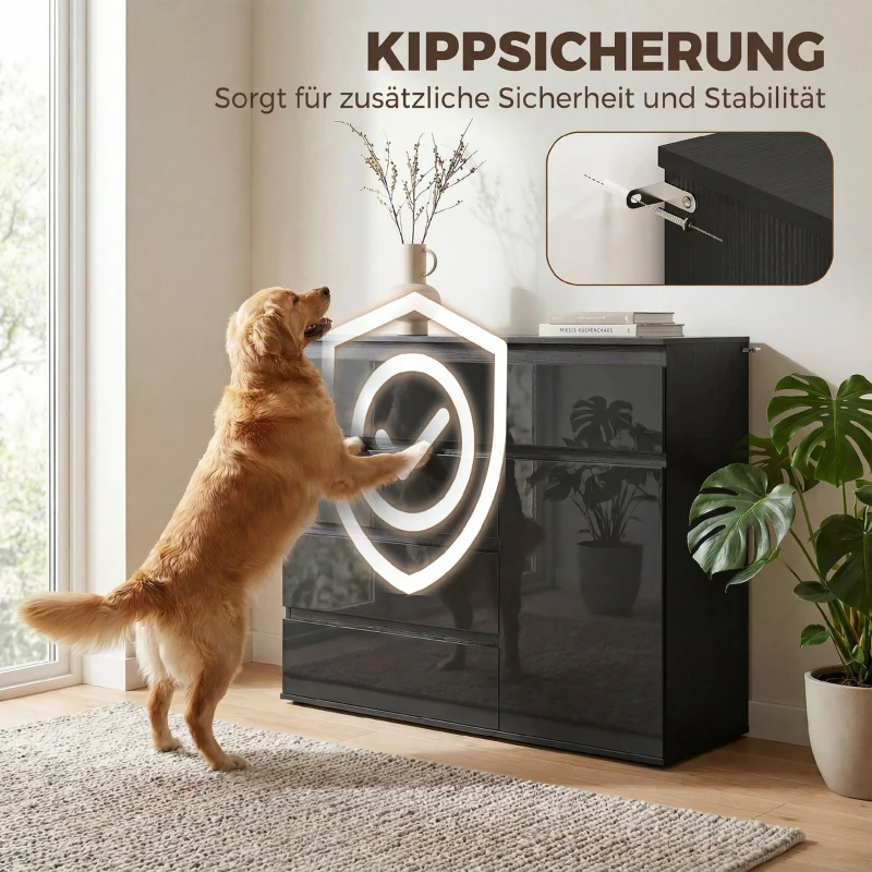 HOMCOM Modernes Sideboard, Stauraum-Sideboard mit 5 Schubladen, verstellbarem Regal, Soft-Close-Tür, Schwarz Hochglanz