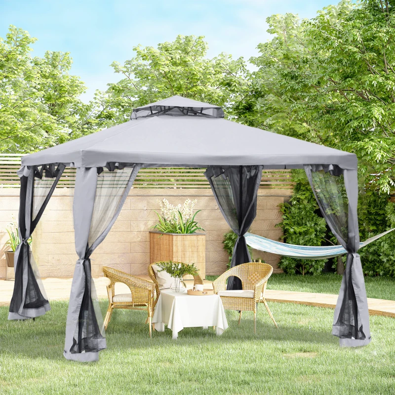 Outsunny Pérgola de Jardim 294x294x265cm com Duplo Teto de Ventilação 8 Orifícios de Drenagem e 4 Telas Mosquiteiras Cinza