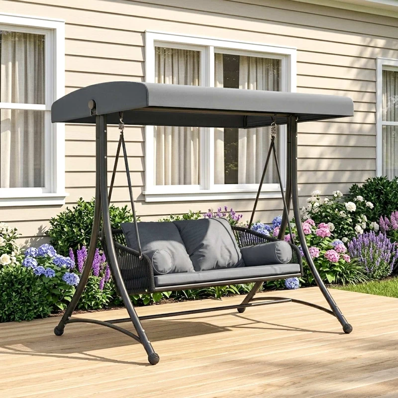 Outsunny Dondolo Stile Hollywood in Rattan 2 Posti con Tetto Parasole Regolabile, Cuscino Morbido, Struttura a Telaio, Grigio Scuro