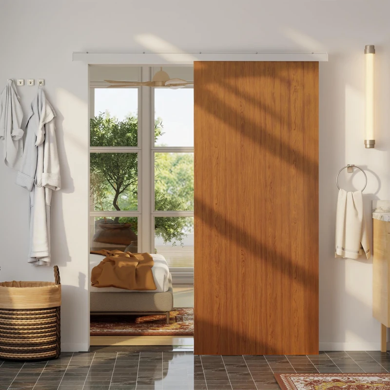 HOMCOM Puerta Corredera con Herrajes 90x210 cm con Rodillo Riel de Aluminio Guía de Suelo Marrón