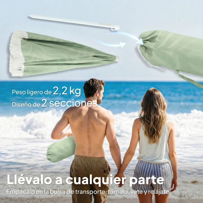 Outsunny Sombrilla de Playa con Flecos Ø180 cm Altura Ajustable Inclinación Anclaje Arena y Bolsa de Transporte UPF30+ Verde