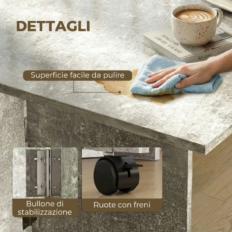 HOMCOM Tavolo da Pranzo Pieghevole con Ripiani, Ribalta e Ruote, Grigio Cemento