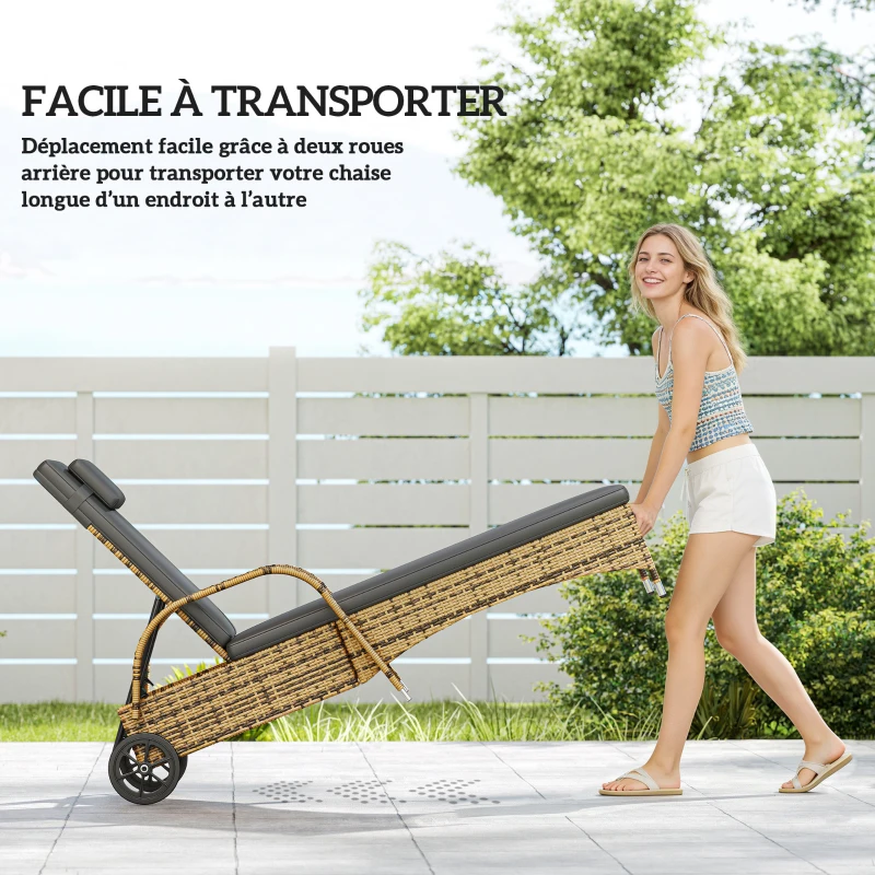 Outsunny Transat bain de soleil matelas inclinaison réglable multipositions accoudoirs roulettes 200 x 73 x 30-103 cm jaune