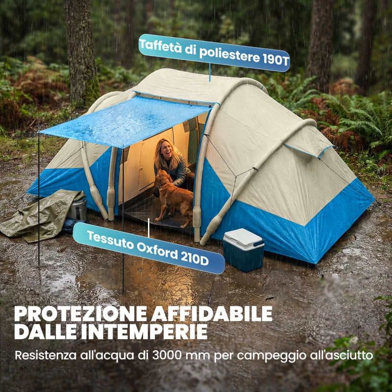 Outsunny Tenda da Campeggio Gonfiabile per 2-4 Persone con 2 Stanze, Facile da Montare, Blu