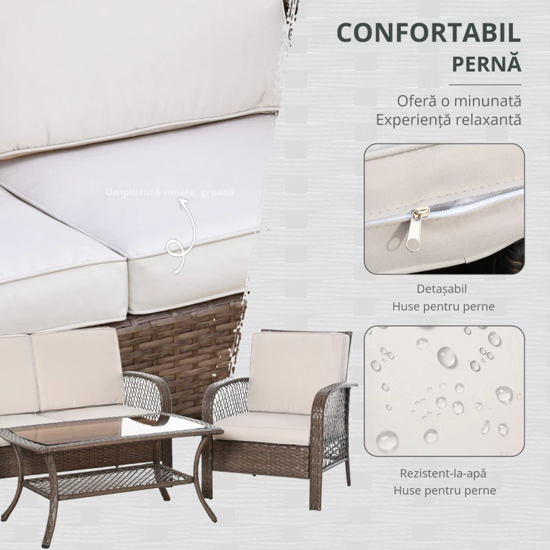Outsunny Set Masa Scaune Canapea de Exterior Mobilier de gradina din Ratan Maro