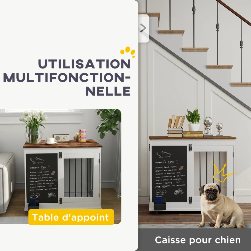 PawHut Cage pour chien cage chien intérieur avec 2 portes tableau noir pour chiens taille moyenne 20 kg 80 x 60 x 70 cm blanc