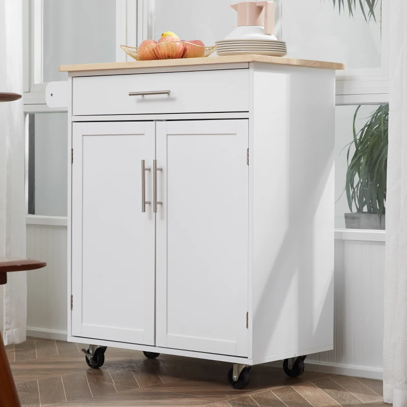 HOMCOM Carrello da Cucina con Ruote, Isola da Cucina con Cassetto, Armadio e Porta-Strofinacci, Bianco