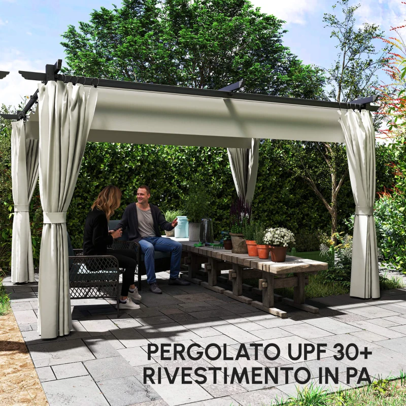 Outsunny Pergola 3 x 3 m con Telo Retrattile e Tende, Riparo Solare UPF30+ per Giardino, Terrazza, Esterno