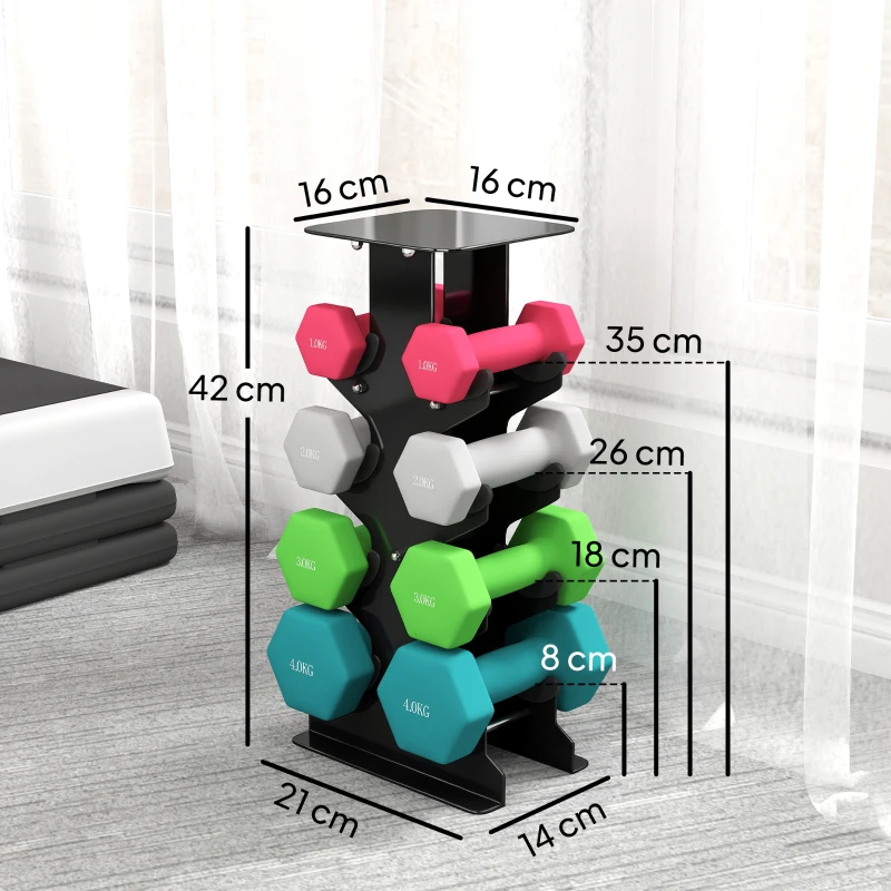 SPORTNOW Conjunto de Halteres 2x1kg 2x2kg 2x3kg 2x4kg com Suporte de Arrumação para Exercício e Treino Multicolor