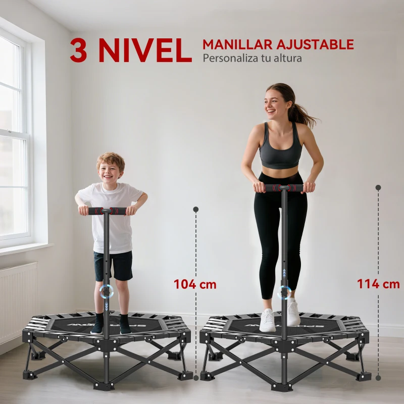 SPORTNOW Trampolín de Fitness Plegable 104 cm con Barra Ajustable en 3 Alturas Marco Metálico Reforzado y Bolsa 104x104x114 cm