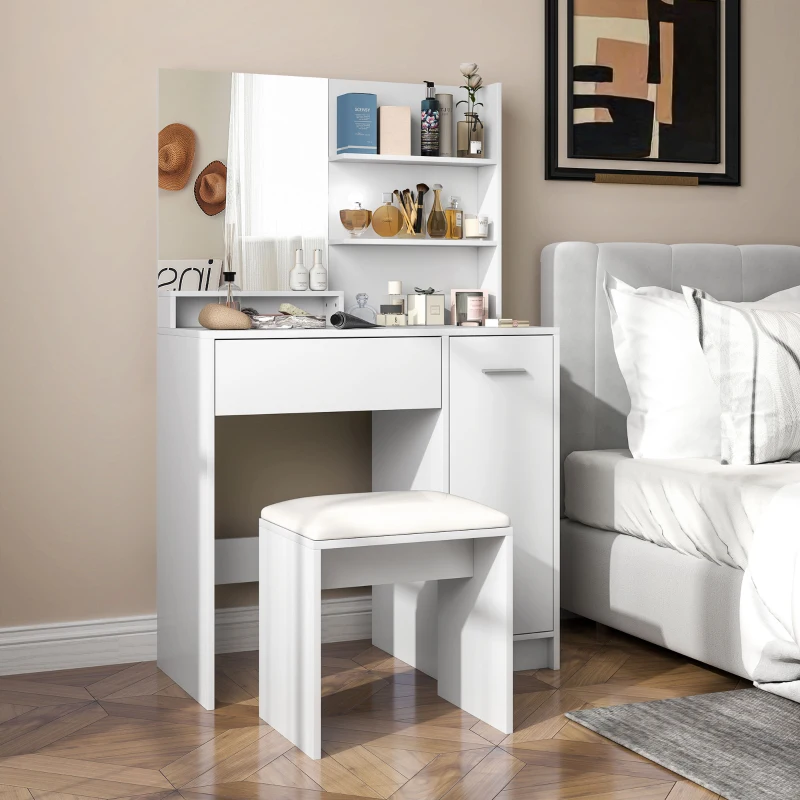 HOMCOM Ensemble coiffeuse avec miroir et tabouret, tiroir, armoire étagère réglable pour la chambre 80l x 40P x 132H cm, blanc