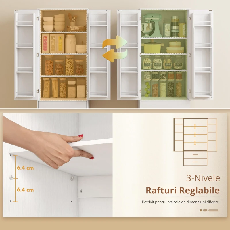 HOMCOM Servantă de Bucătărie cu Dulap, 8 Rafturi pentru Condimente și 2 Sertare, 60x40x159 cm, Alb
