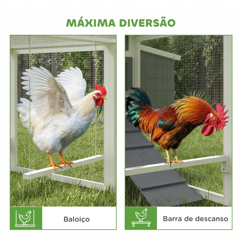 PawHut Galinheiro para Exterior Galinheiro de Madeira para 10-15 Galinhas com Baloiço Perchas Bandeja Removível e Rampa 315,5x150,5x140,5 cm Cinza