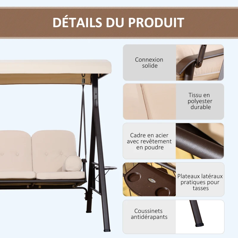 Outsunny Balancelle de Jardin 3 Places Grand Confort Toit Inclinaison réglable Coussins Plateaux rétractables 121x208x172cm beige