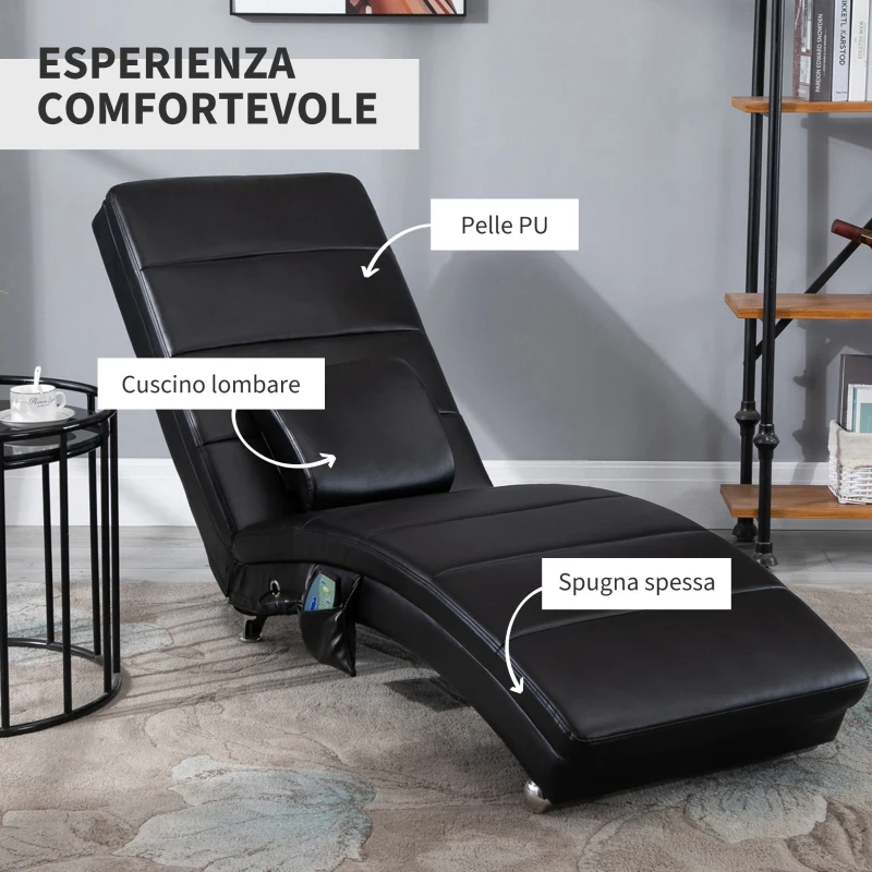 HOMCOM Poltrona Relax con Funzione Massaggio, Schienale Alto, Cuscino Incluso, Ecopelle, Metallo, Schiuma, 58 x 163 x 87 cm, Nero