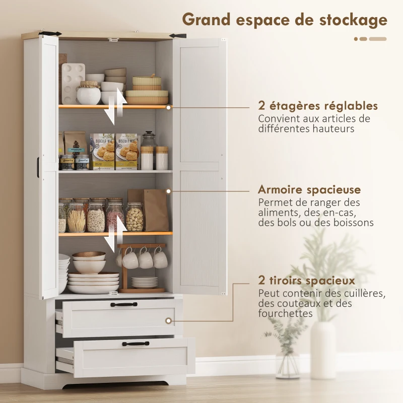 HOMCOM Buffet haut cuisine, armoire de cuisine avec 2 portes, 2 tiroirs, étagères réglables, style rustique, 76x40x180cm, blanc