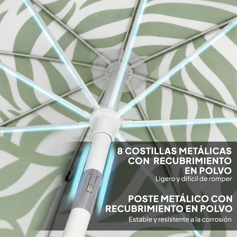 Outsunny Sombrilla de Playa con Flecos Ø180 cm Altura Ajustable Inclinación Anclaje Arena y Bolsa de Transporte UPF30+ Verde