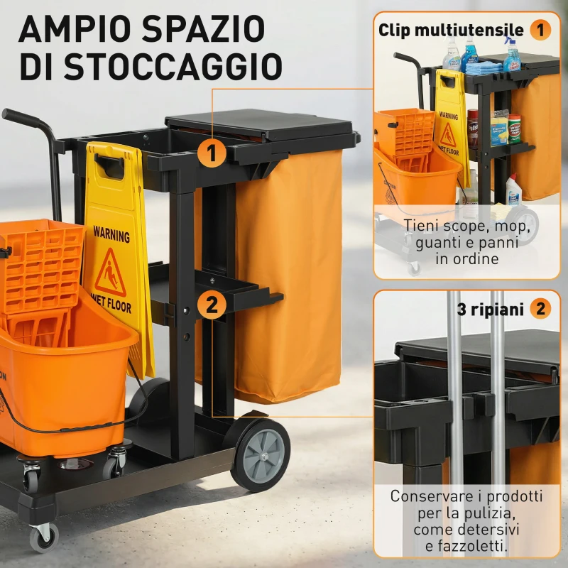 HOMCOM Carrello Pulizie: Ruote, 3 Ripiani, Sacco 70L, Secchio con Strizzatore.