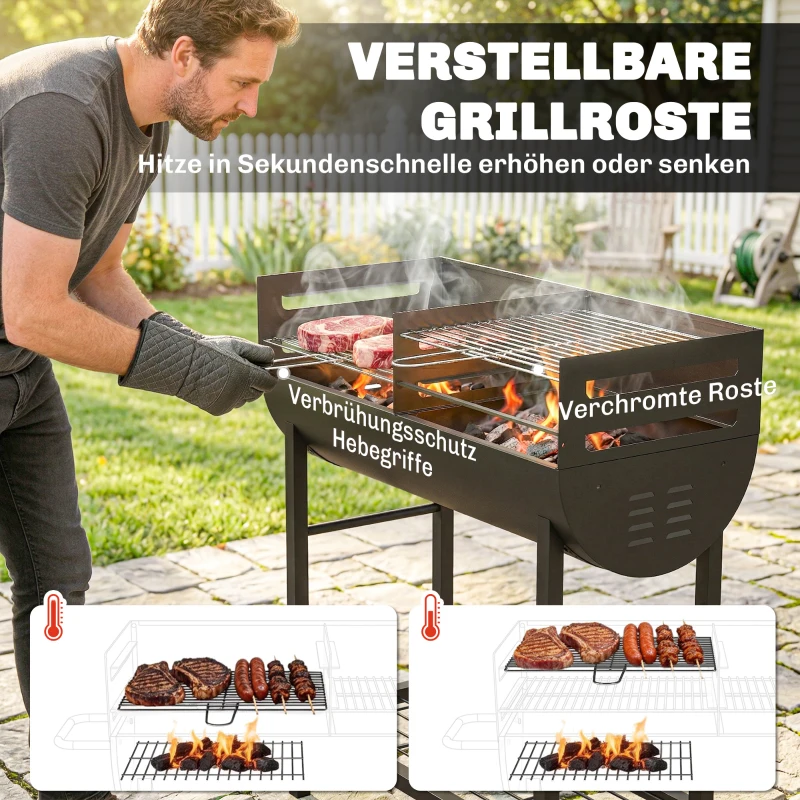 Outsunny Holzkohlegrill Grillwagen mit 2 Grillzonen höhenverstellbarer Grillrost Holzablage Räder Seitengriff, 103 x 46,5 x 100cm