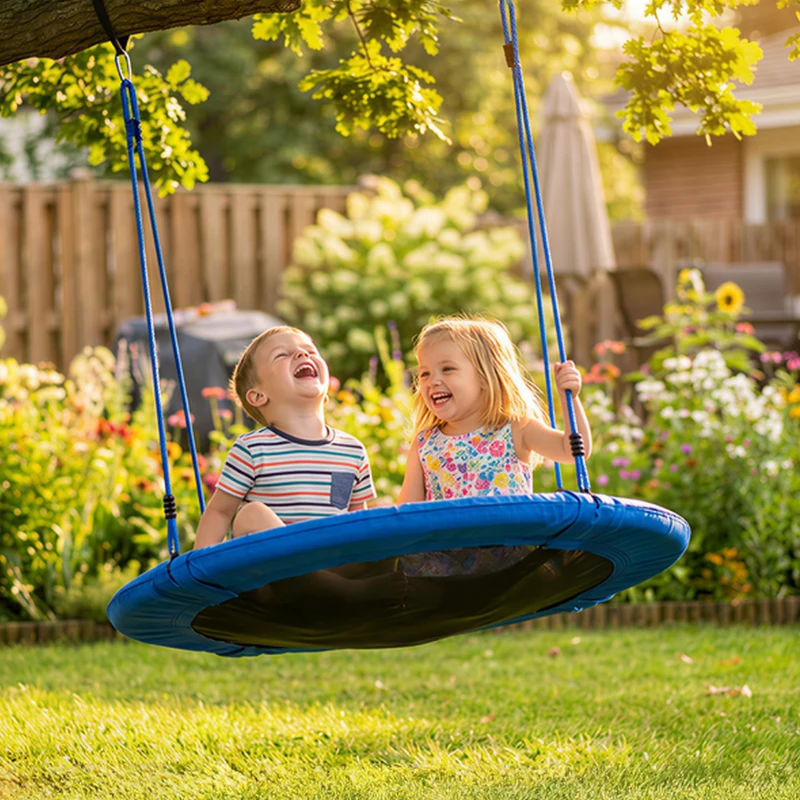 AIYAPLAY Balançoire nid d'oiseau, balançoire pour 2 enfants avec cordes réglables en hauteur, siège rond Ø 80 cm, bleu