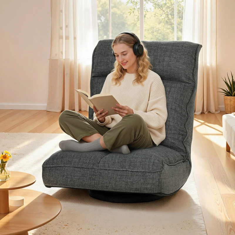 HOMCOM Fauteuil de sol pliable pivotant à 360°, chaise de sol rembourré avec dossier réglable en 5 positions, 58x107x79cm, gris