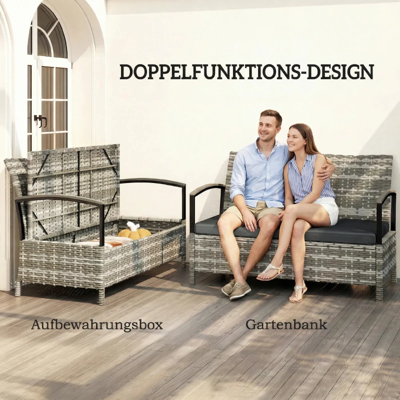 Outsunny Gartenbank mit Stauraum 2-Sitzer Sitzbank mit Kissen Haltegriffen 125L Poly Rattan 123 x 70 x 82 cm Dunkelgrau
