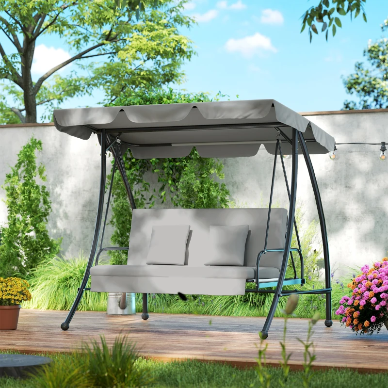 Outsunny Dondolo da Giardino 3 Posti con Tetto Reclinabile Trasformabile Letto in Poliestere Crema 209cm x 114cm x 170cm