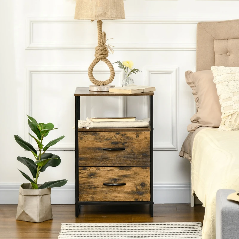 HOMCOM Table de Chevet avec 2 Tiroirs Tissus Table d'appoint petit Meuble de Rangement Style Industriel Commode 2 tiroirs - 45 x 40 x 70,5 cm - Bois et métal