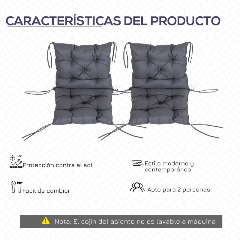 Outsunny Conjunto de 2 Cojines para Silla 50x98x8 cm con Respaldo 6 Cordones de Fijación para Jardín Terraza Balcón Gris Oscuro