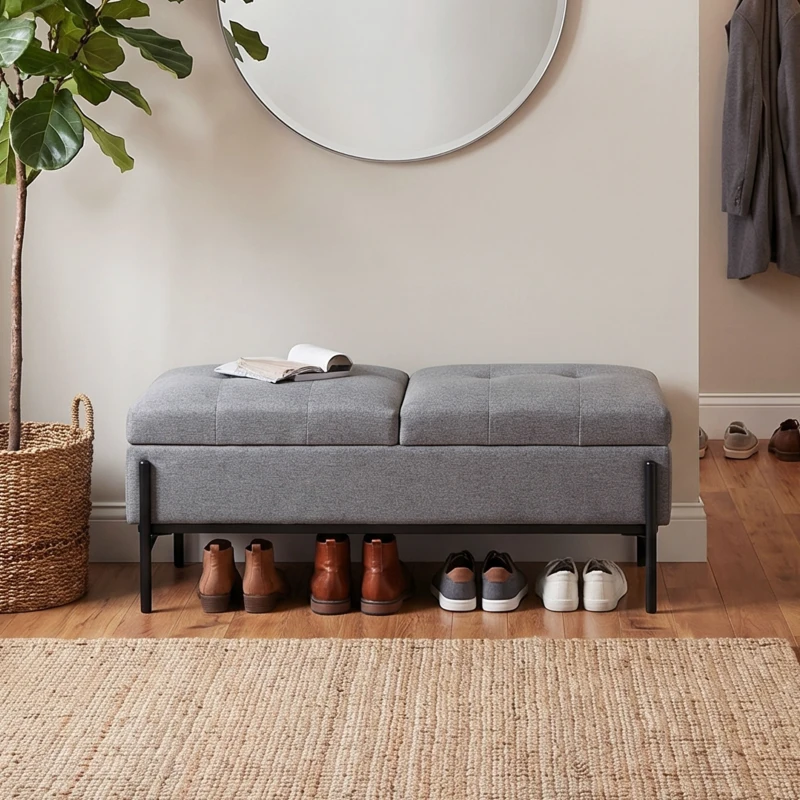 HOMCOM Coffre-banc en lin, banquette à 2 compartiments, couvercles rabattables et rembourrage extra-épais, 117 x 50 x 44 cm