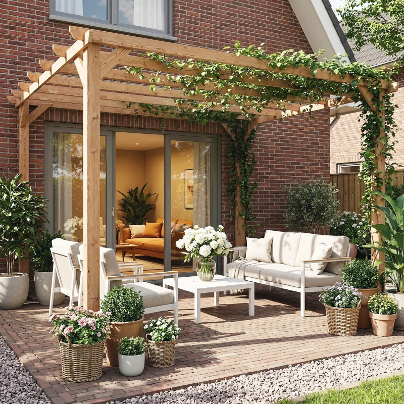Outsunny Pergola en bois tonnelle extérieur structure robuste avec poteaux 90 mm et 7 poutres 3 x 3 m effet bois d'érable