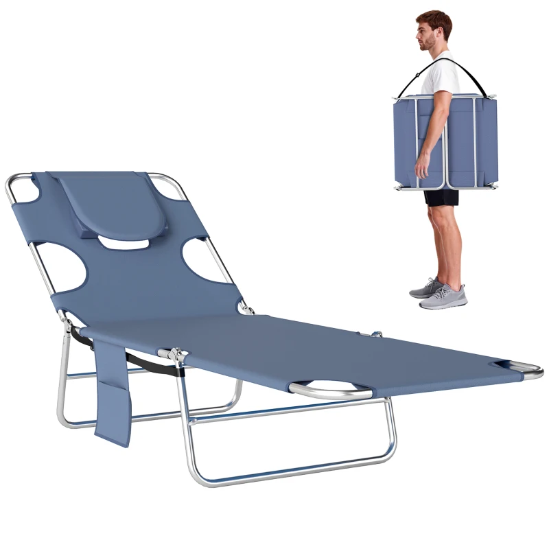 Outsunny Foldable Sun Lounger with Reading Hole - Portable Sun Lounger with 5-Level Adjustable Backrest, Reclining Lounge Chair with Side Pocket, Headrest Pillow, Grey