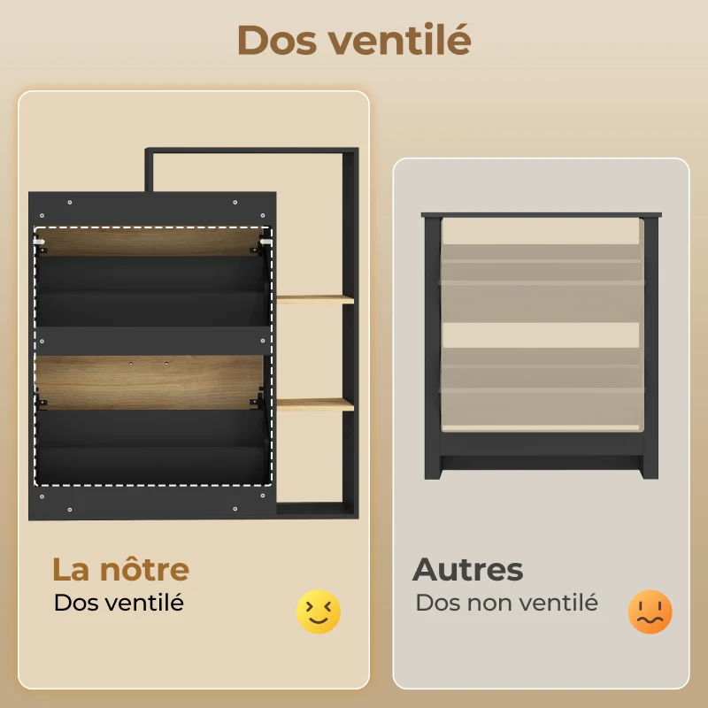 HOMCOM Meuble à chaussures 8 paires, armoire à chaussures étroite avec 2 tiroirs rabattables, 3 compartiments ouverts, noir