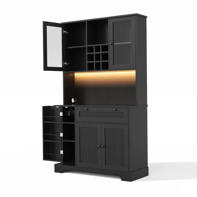 Küchen-Hochschrank mit Vitrine, fünf Türen, eine Schublade, verstellbaren Einlegeböden, 105x40x180 cm, Schwarz