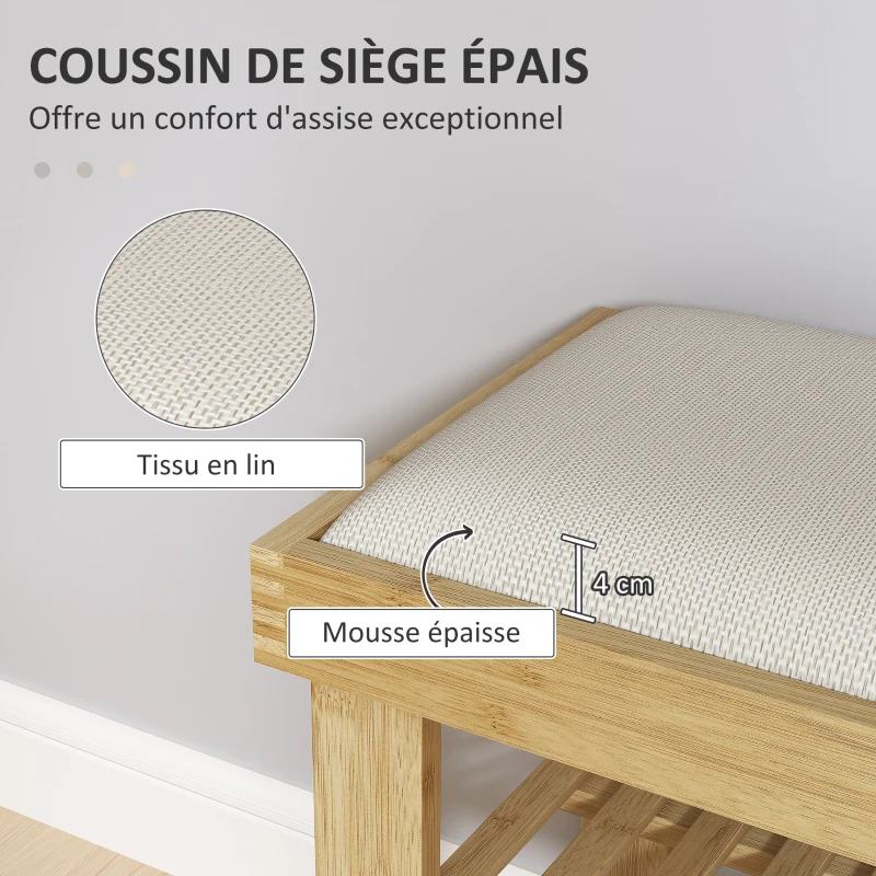 HOMCOM Banc à chaussures en bambou, étagère à chaussures à 3 niveaux, style scandinave, 60 x 29 x 49 cm, crème et bois naturel