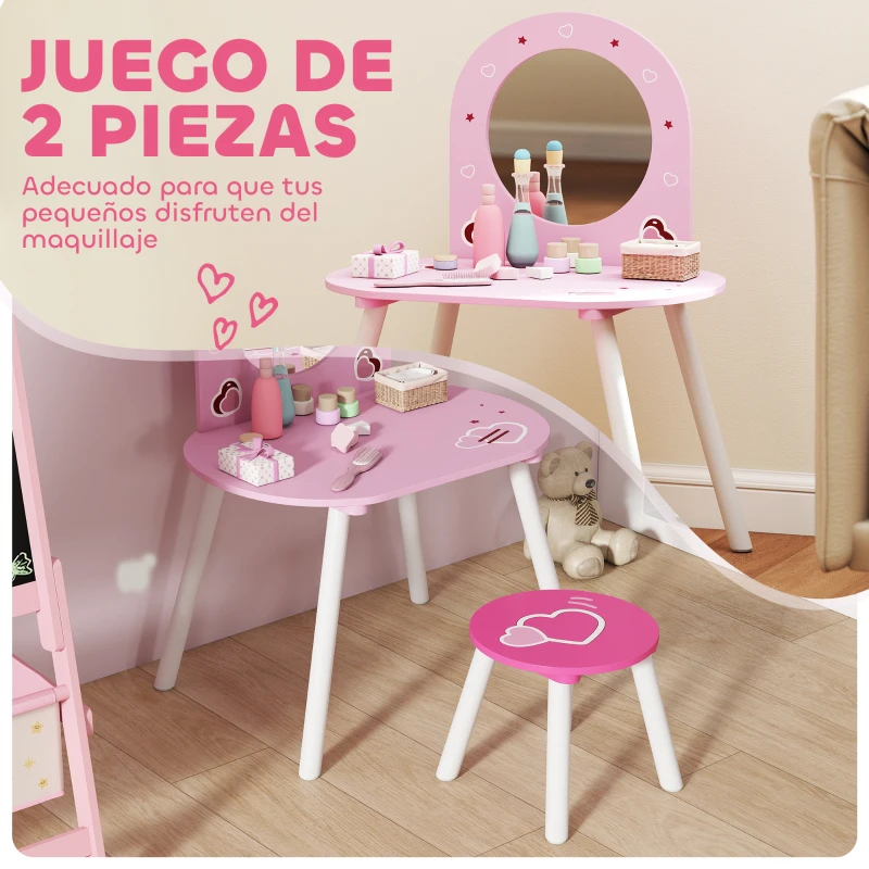 AIYAPLAY Tocador Infantil con Taburete y Espejo Tocador para Niñas con Dibujos de Corazones para Niños y Niñas de 3-6 Años Rosa