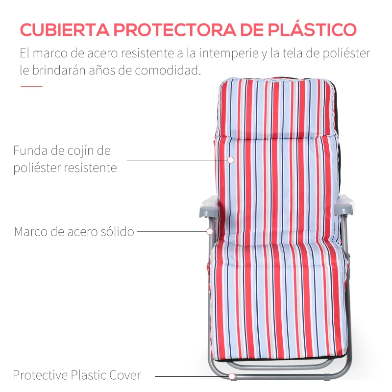 Outsunny 2 Tumbonas de Jardín de Acero con Cojín Acolchado Respaldo Ajustable y Reposapiés 60x75x65-102 cm Rayas Rojo