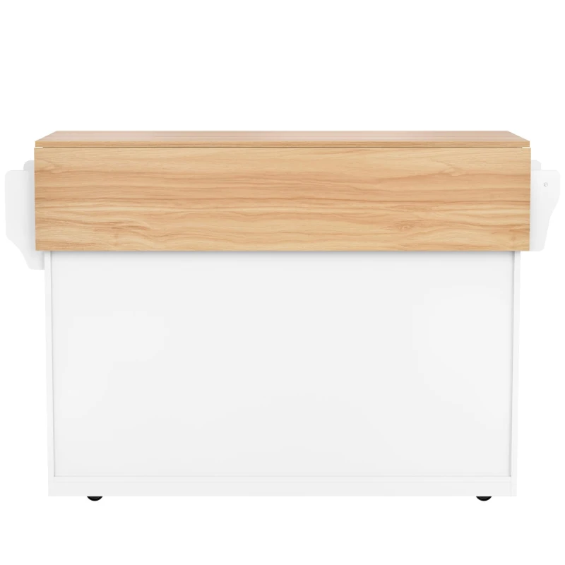 Servierwagen mit klappbarer Tischplatte, 2 Schubladen und Doppeltüren, 136 x 46/71 x 91,5 cm, Weiß+Naturfarbe