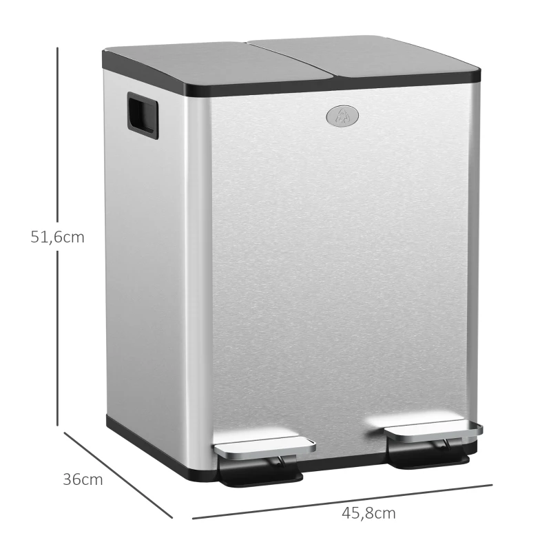 HOMCOM 2 x 20 L Doppelmülleimer, Pedalöffnung, leicht zu reinigen, Edelstahl, Kunststoff, Silber