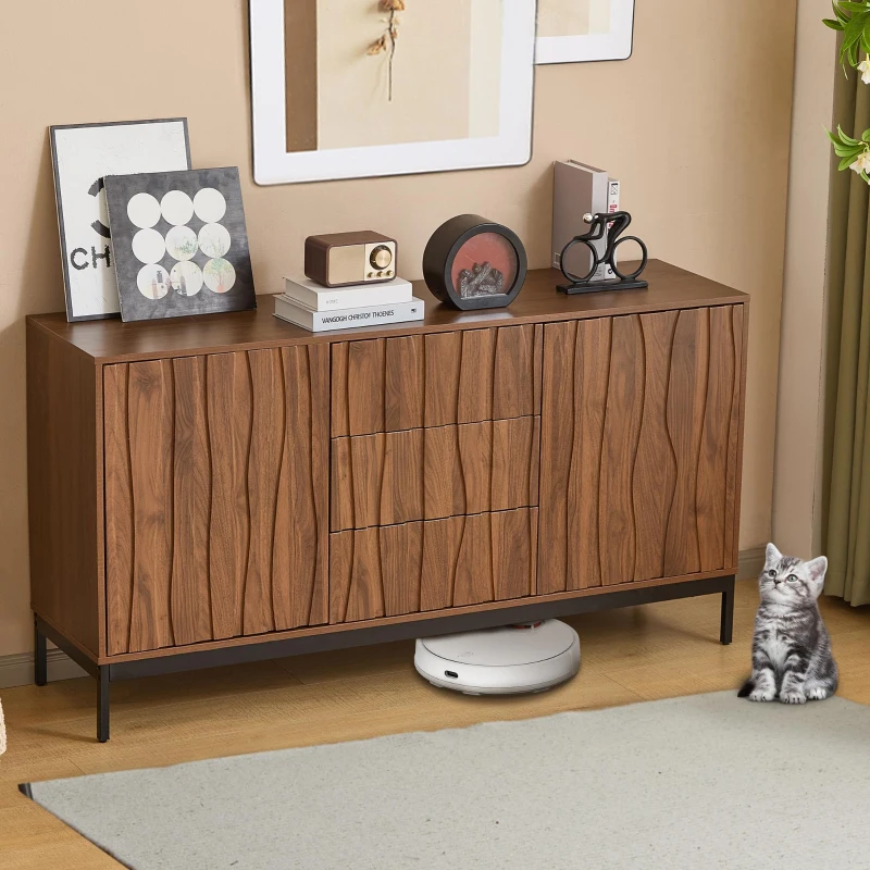 Sideboard mit 3 Schubladen, Mid Century Modern Dekorativer Schrank für Küche, Wohnzimmer, 150 x 40 x 80 cm, Braun