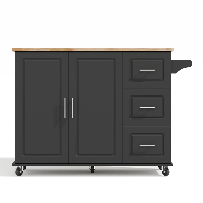 Große mobile Kücheninsel, klappbares Design, multifunktionaler Schrank mit 3 Schubladen, Handtuchhalter, 137 x 43/76 x 92 cm, Schwarz