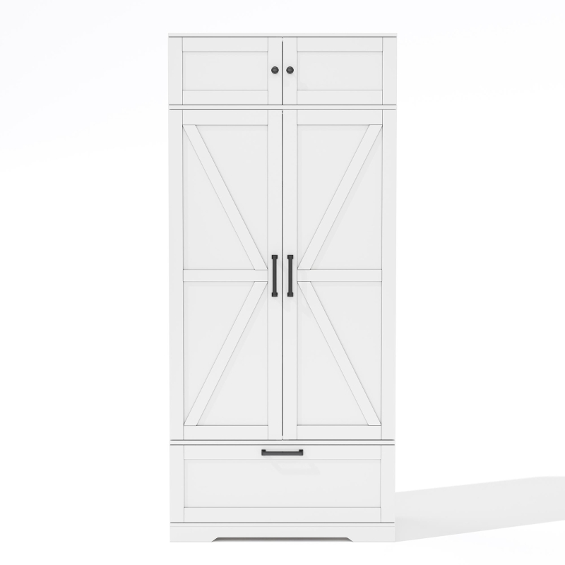 Freistehender Küchenaufbewahrungsschrank mit Weinregal, verstellbaren Einlegeböden und Flügeltüren, 80x40x180 cm, Weiß