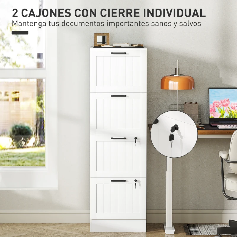 HOMCOM Mueble Archivador con 4 Cajones Cerraduras Carpetas A4 y Carta 40x40x131 cm Blanco
