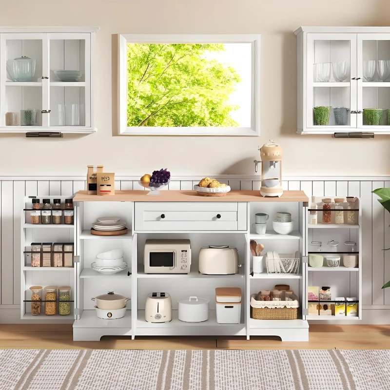Multifunktionales Küchenbuffet, mit Schublade und Regaltüren, Modernes Design, 138 x 40 x 85 cm, Weiß+Naturfarbe