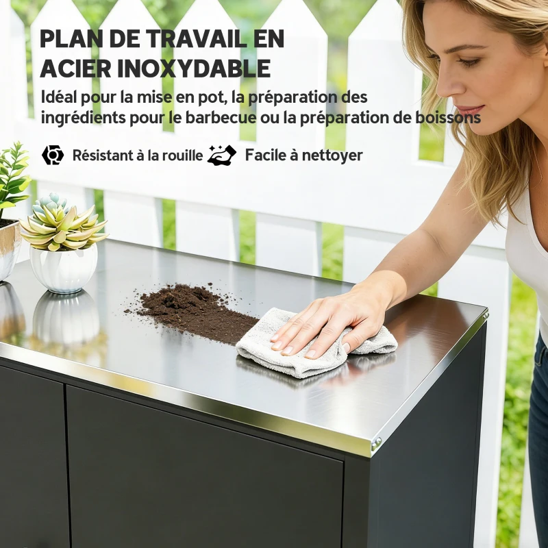 Outsunny Armoire de jardin en Métal, Armoire de Rangement Extérieur, Toit en Acier Inoxydable et Roulettes, Noir