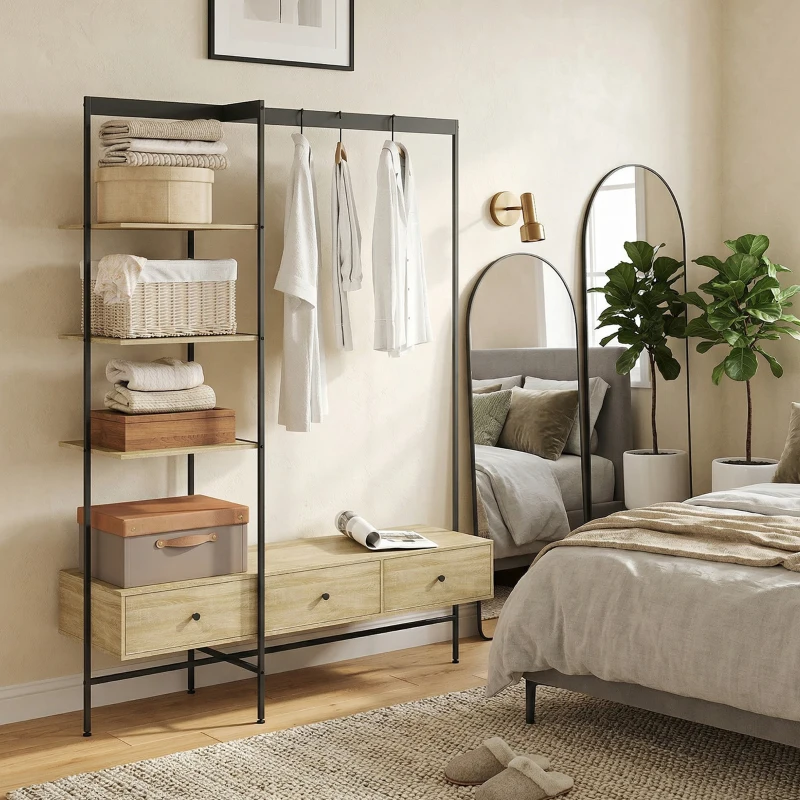 HOMCOM Porte-manteau avec étagères, tiroirs et tringle, portemanteau autoportant 180 cm style moderne, cadre métallique, Chêne