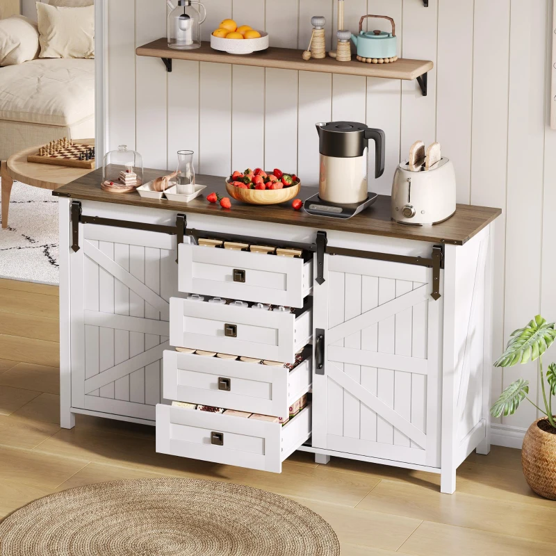 Sideboard mit Stauraum, mit Schiebetüren und 4 Schubladen, geeignet für Küche, Esszimmer und Wohnzimmer, 137 x 40 x 81,5 cm, Weiß